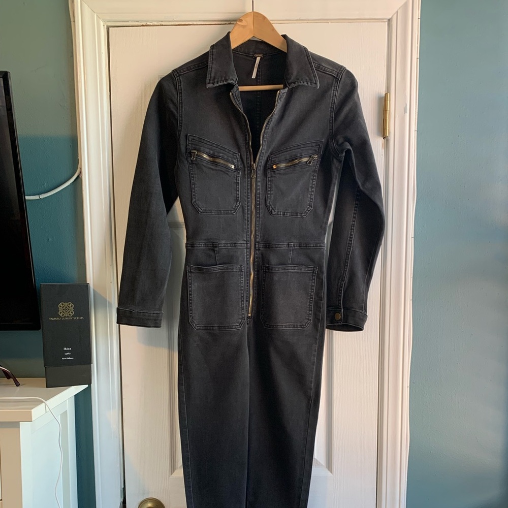 Free People Lennox Jumpsuit  Black Denim- Small